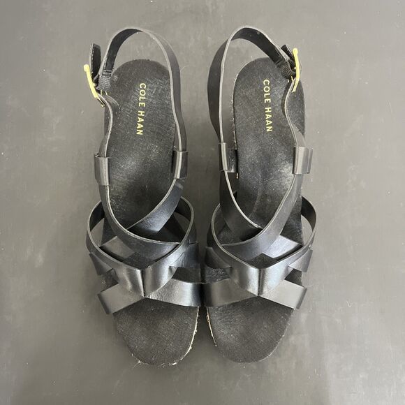 Cole Haan Crystal Womens Size 9.5B Shoes Black Leather Wedge Espadrille Sandals - Picture 9 of 13
